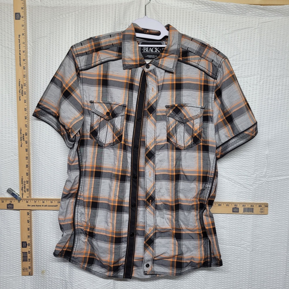Buckle Black No. 48 Mens Athletic Fit Short Sleeve Plaid Shirt Grey Orange M